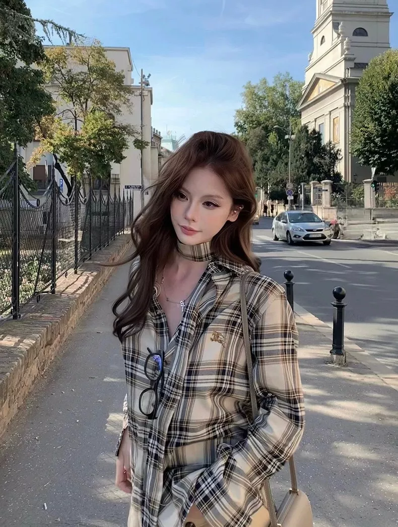 버버리 체크 자수 기모 면 여성용 긴소매 셔츠 상세 이미지 25