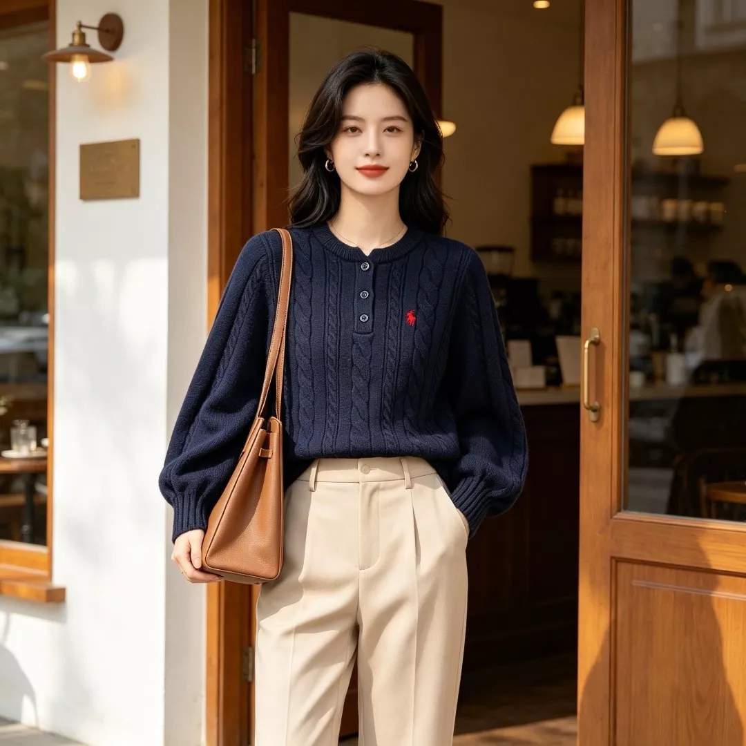 랄프로렌 케이블 헨리넥 벌룬 여성용 긴소매 니트 상세 이미지 9