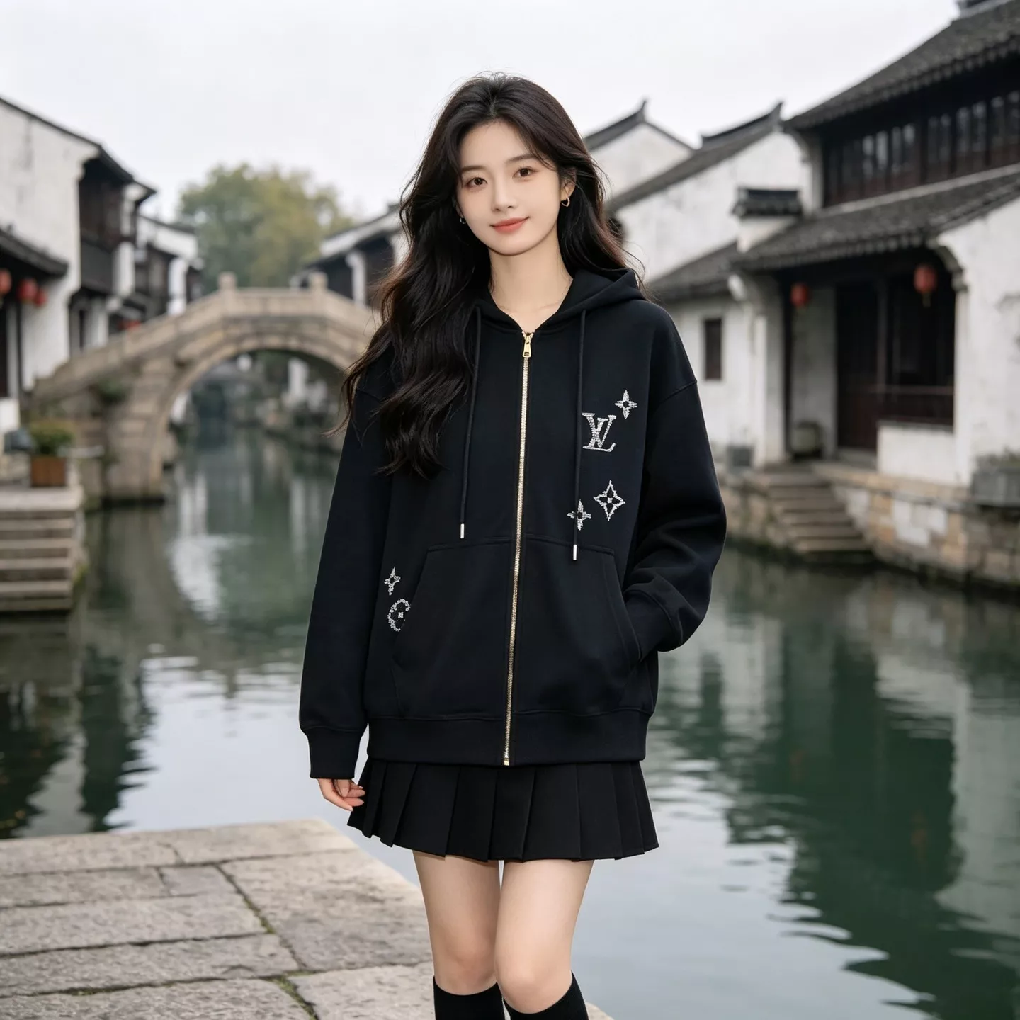 루이비통 입체 자수 면 집업 남녀공용 후드 재킷 상세 이미지 14
