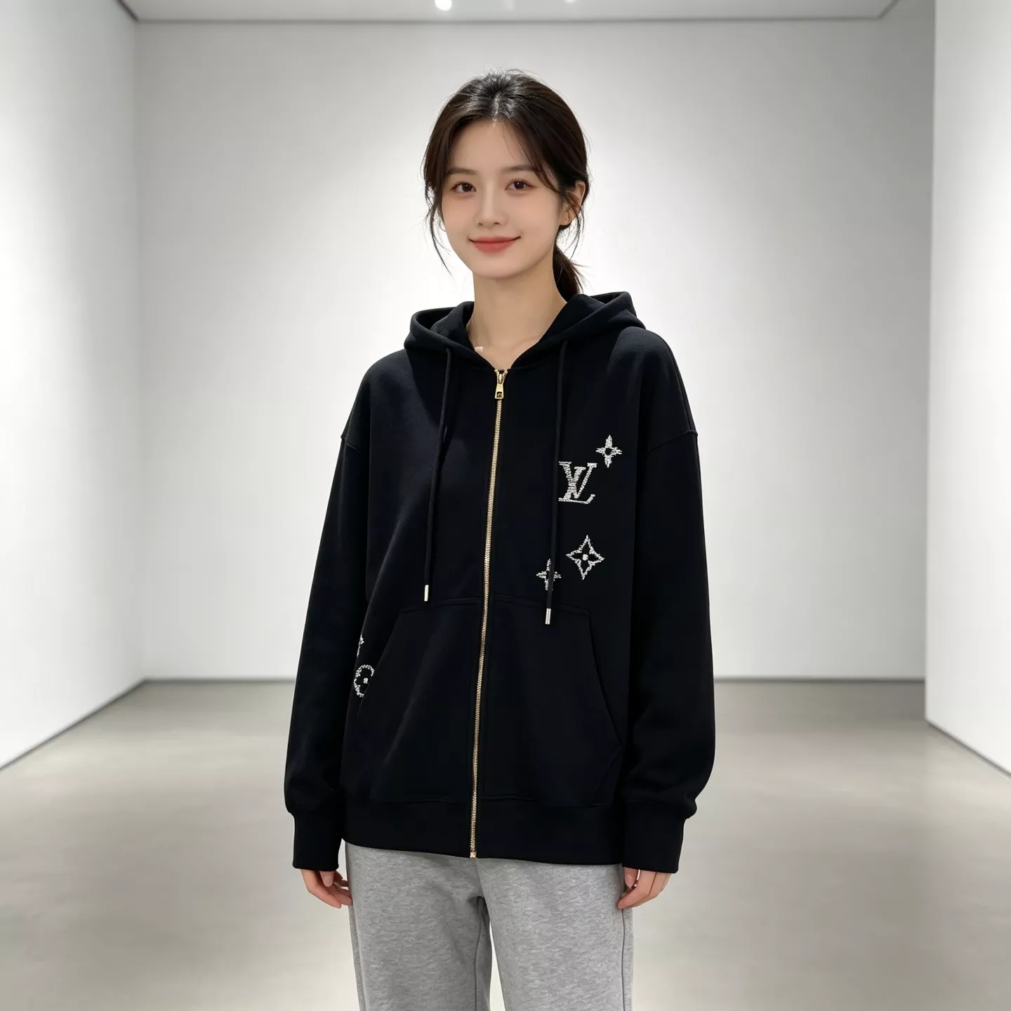 루이비통 입체 자수 면 집업 남녀공용 후드 재킷 상세 이미지 17