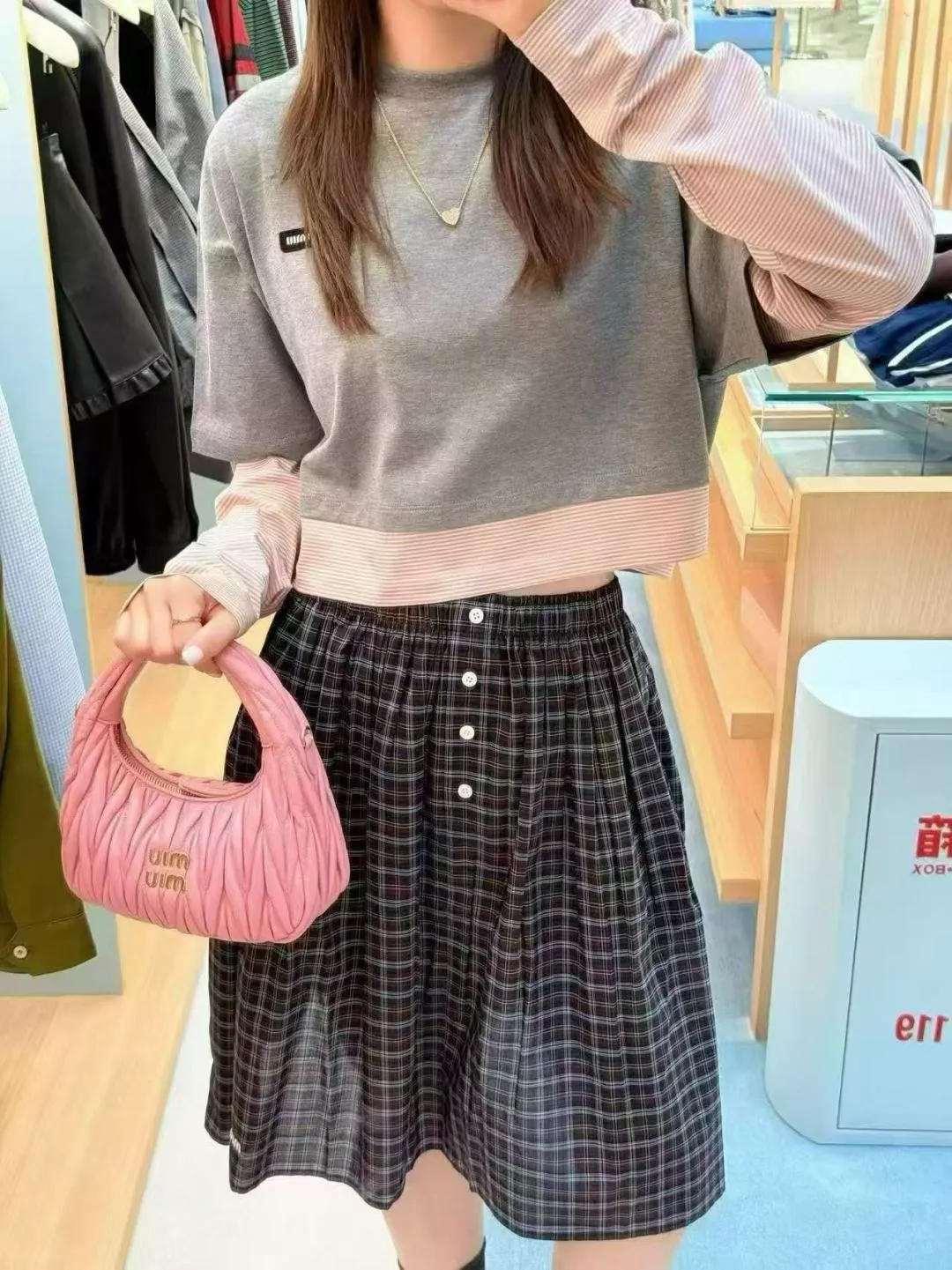 미우미우 순면 체크 자수 여성용 투피스 상세 이미지 20
