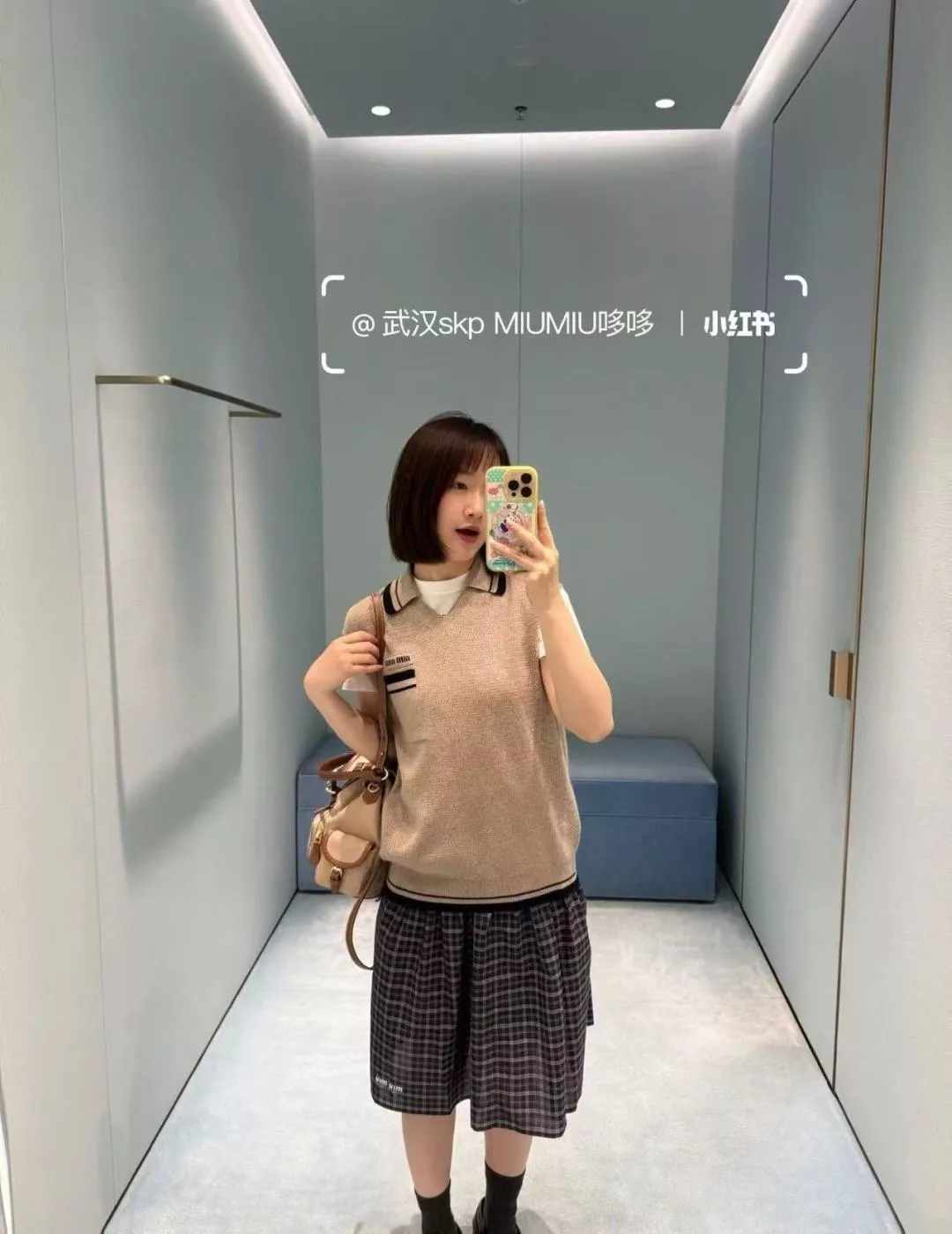 미우미우 순면 체크 자수 여성용 투피스 상세 이미지 22