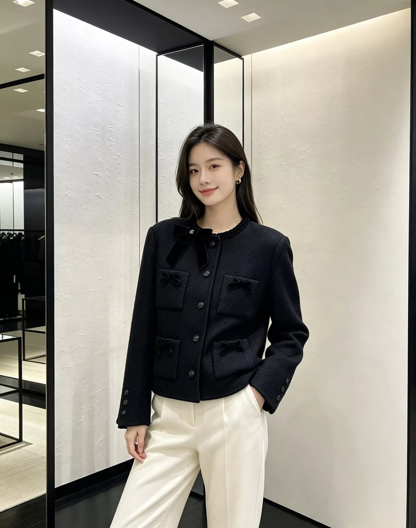 샤넬 벨벳 리본 라운드넥 여성용 버튼 재킷 상세 이미지 31