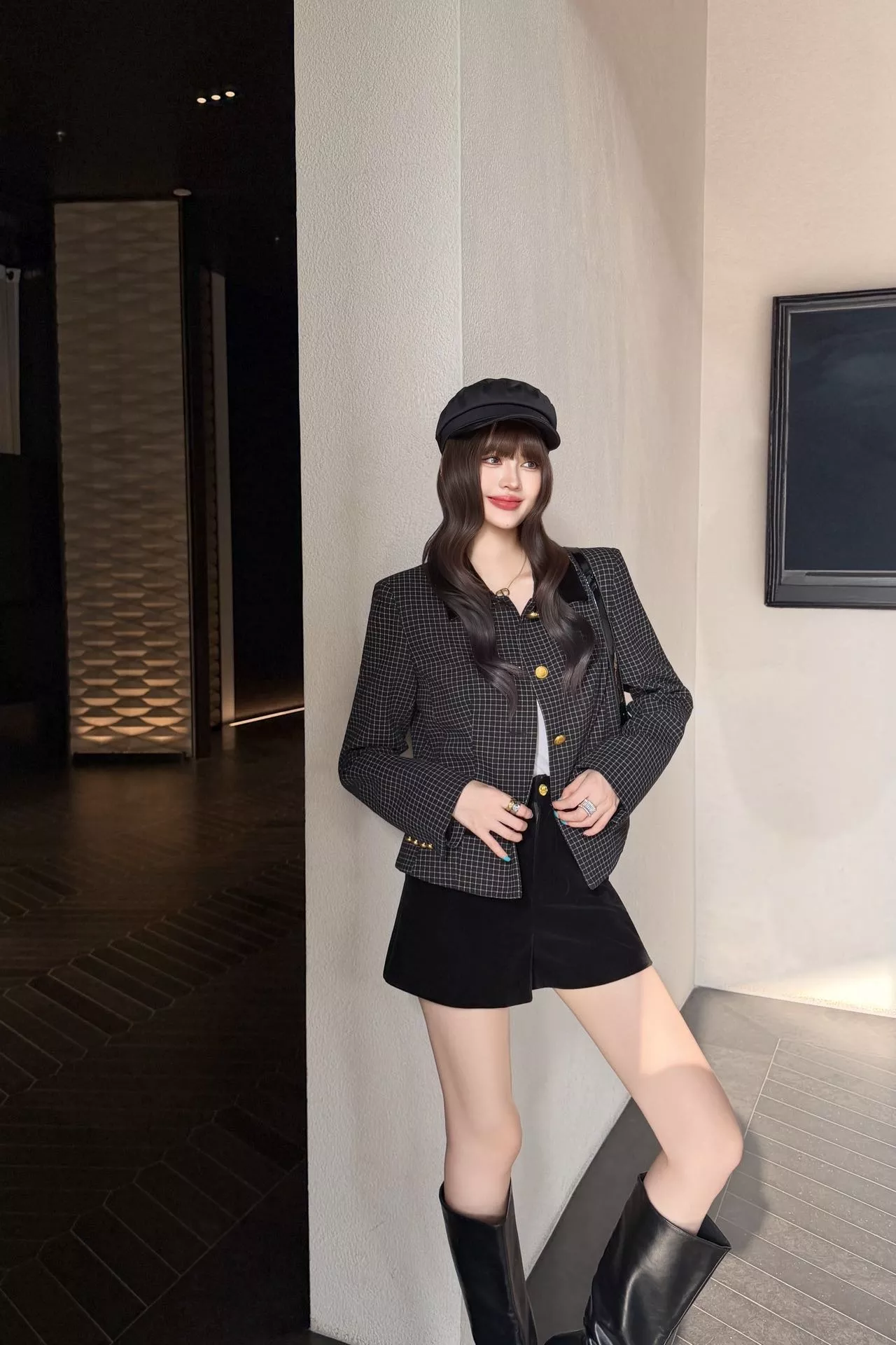 디올 벨벳 칼라 체크 여성용 버튼 재킷 상세 이미지 12