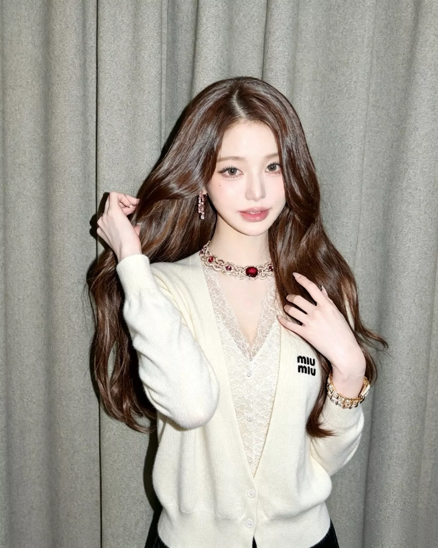 미우미우 레이스 레이어드 여성용 긴소매 가디건 상세 이미지 11