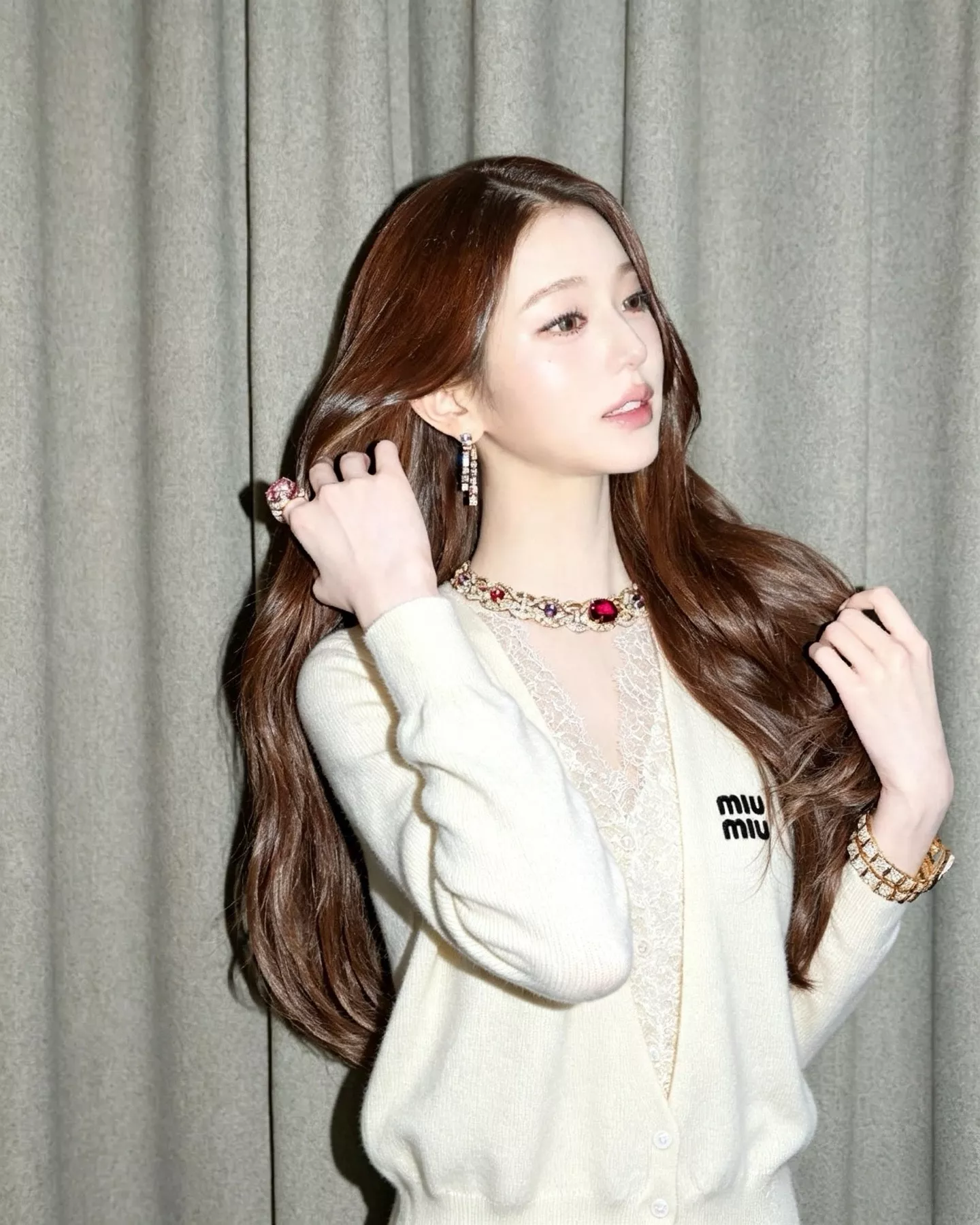 미우미우 레이스 레이어드 여성용 긴소매 가디건 상세 이미지 12