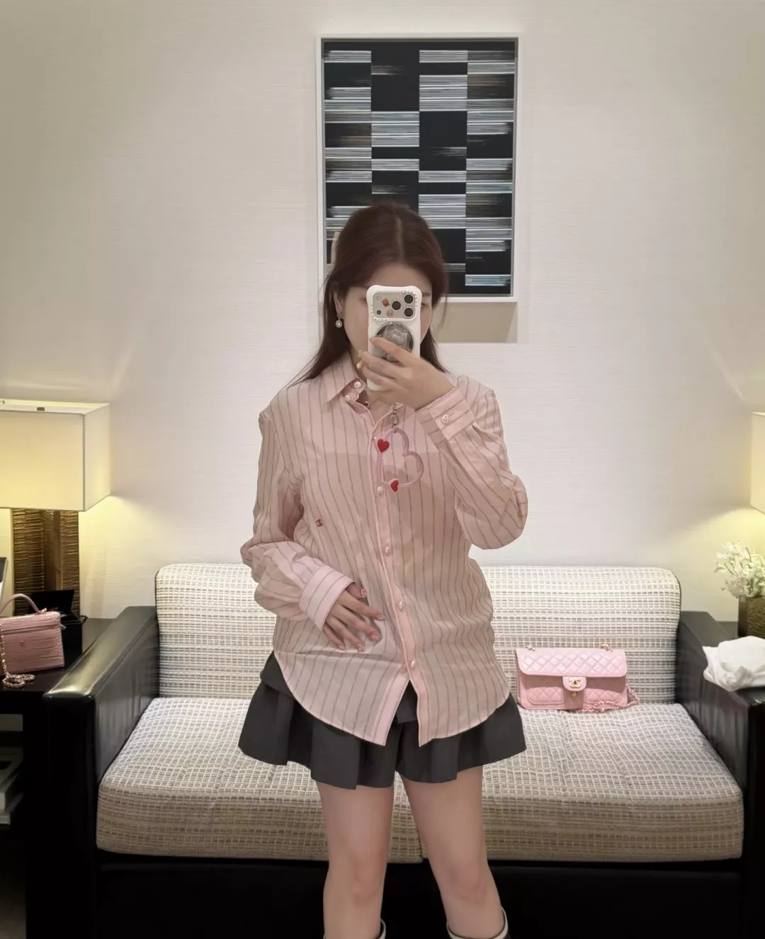 샤넬 스트라이프 뒤 끈 여성용 긴소매 셔츠 상세 이미지 11