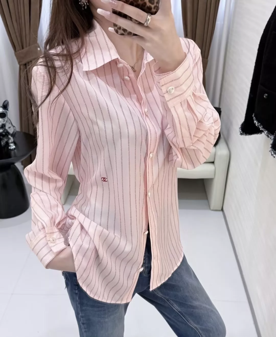 샤넬 스트라이프 뒤 끈 여성용 긴소매 셔츠 상세 이미지 12