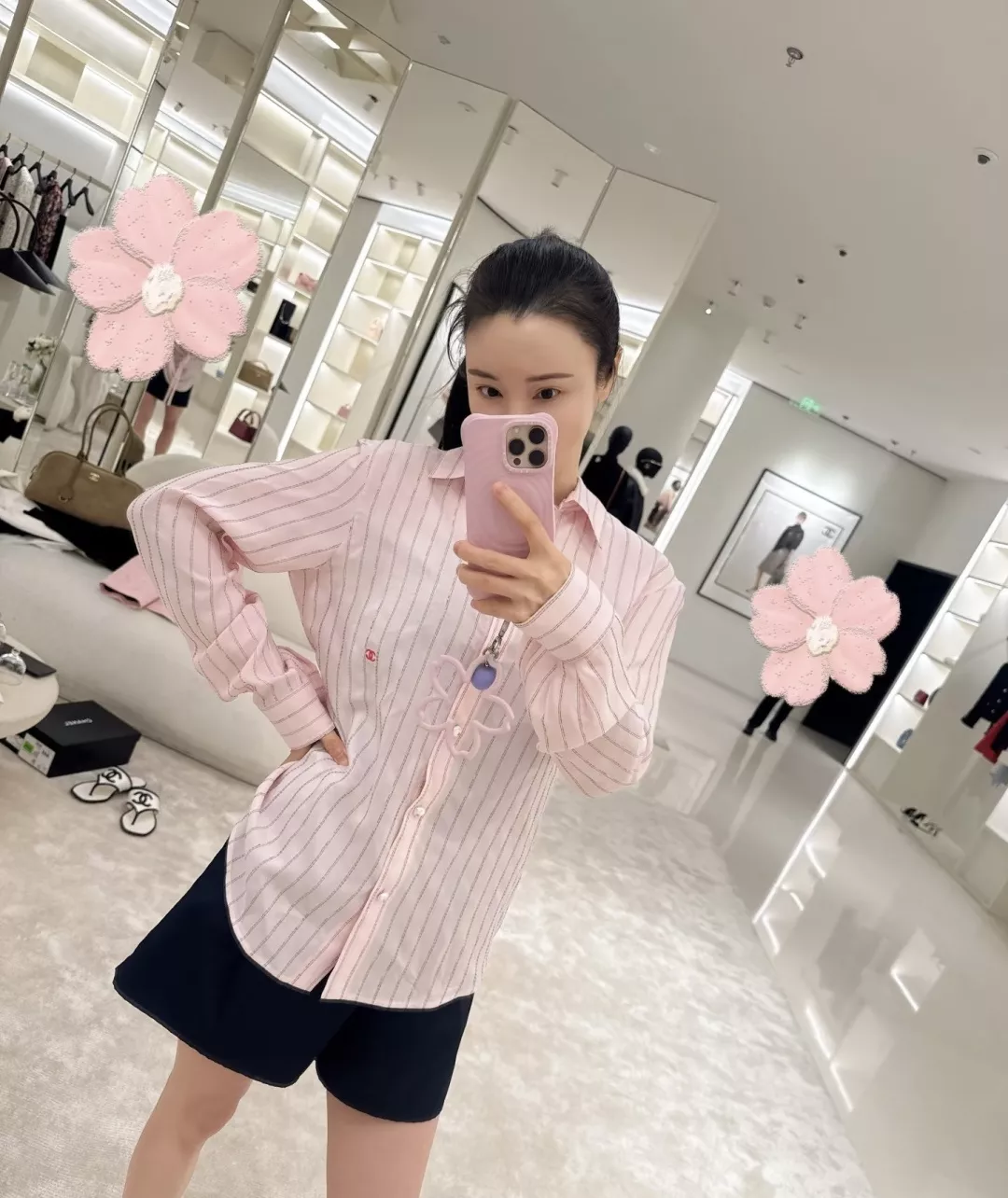 샤넬 스트라이프 뒤 끈 여성용 긴소매 셔츠 상세 이미지 14