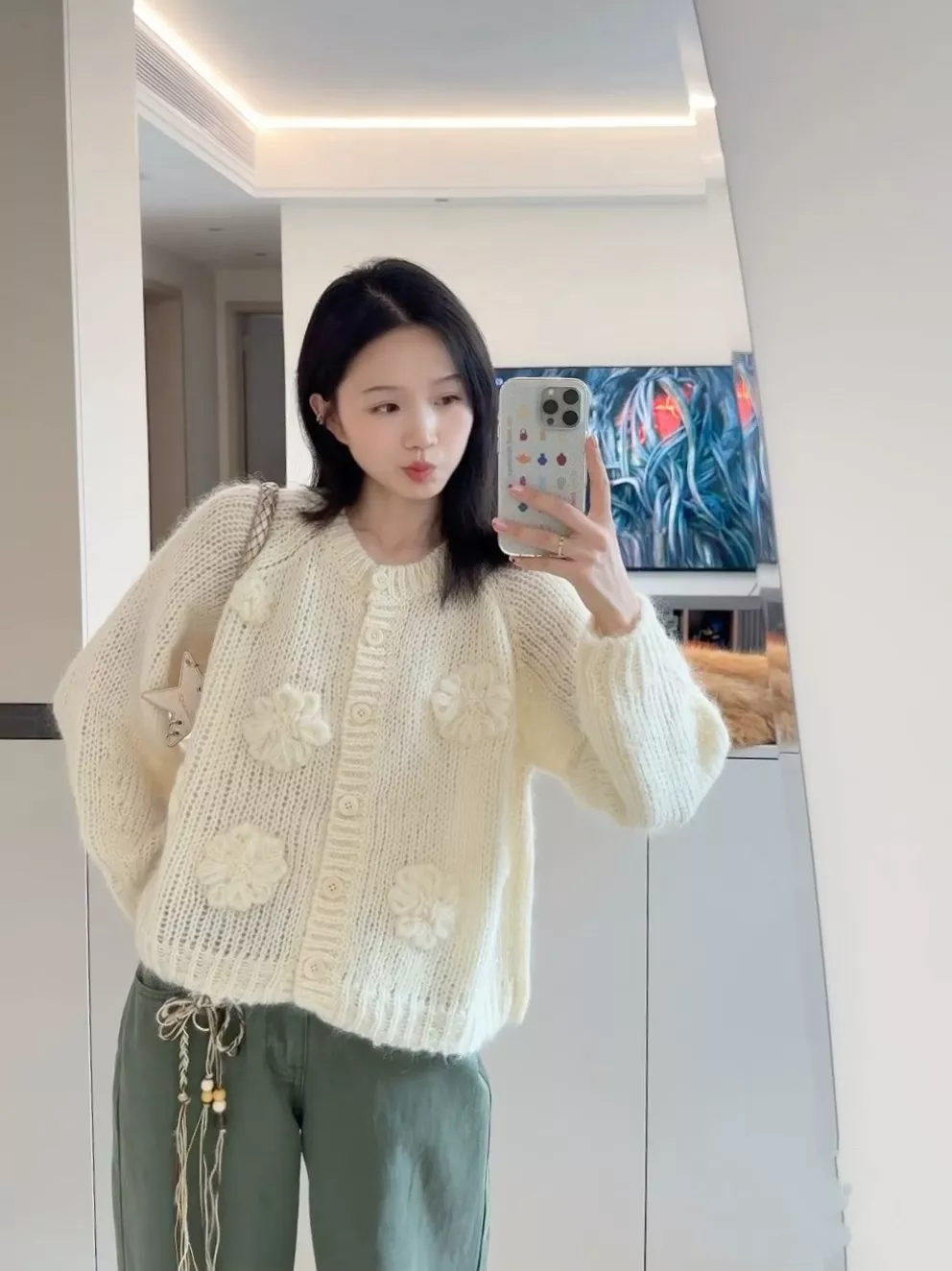 셀린느 플라워 짜임 여성용 긴소매 가디건 상세 이미지 62