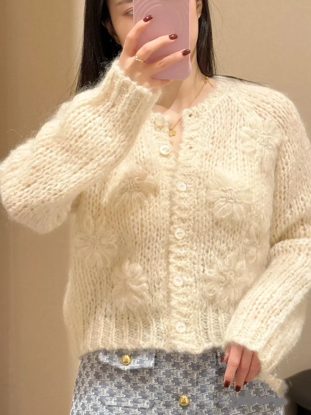 셀린느 플라워 짜임 여성용 긴소매 가디건 상세 이미지 66