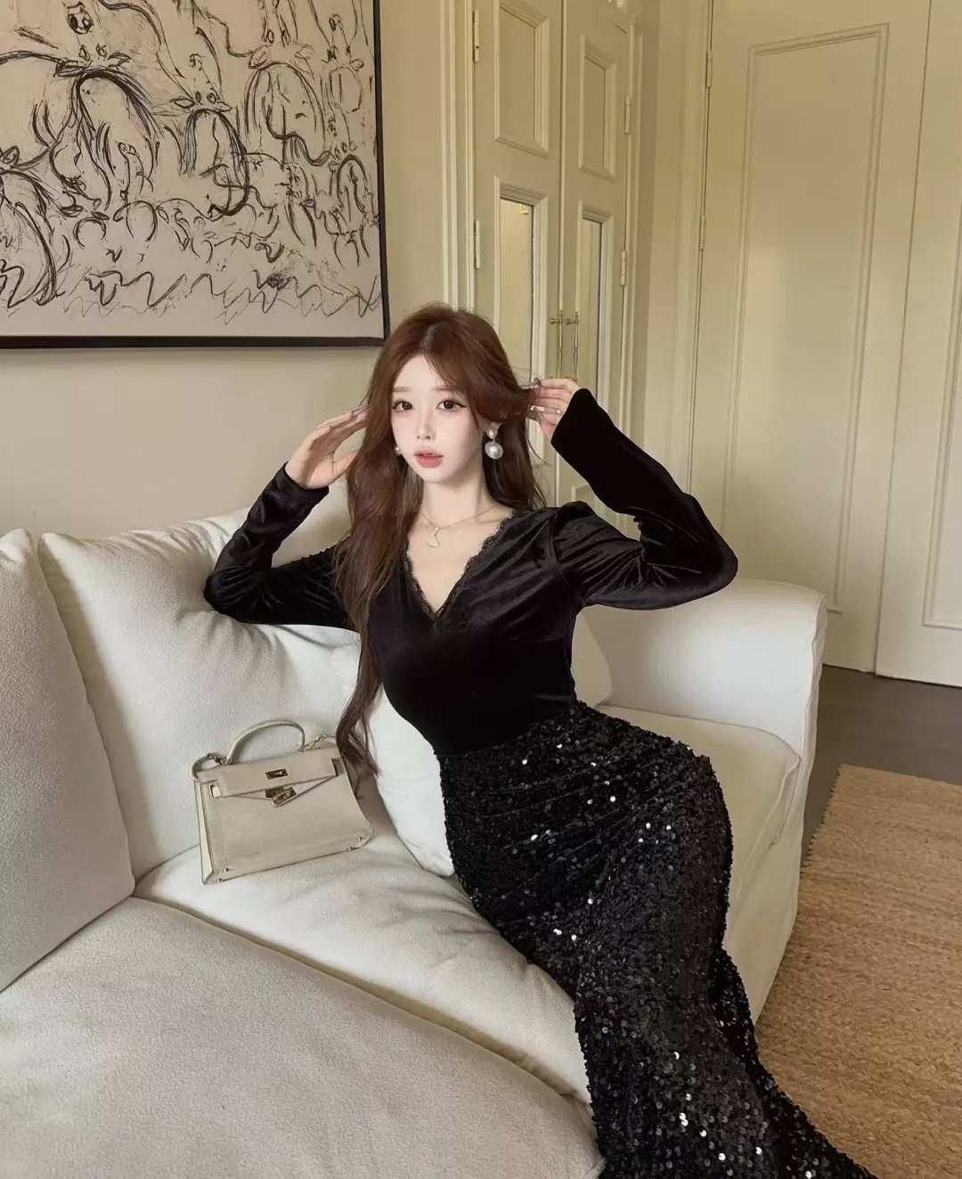 입생로랑 벨벳 스팽글 머메이드 여성용 원피스 상세 이미지 34