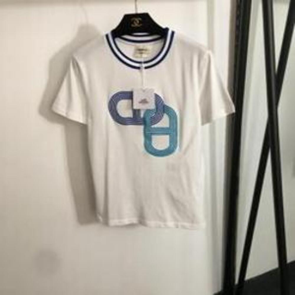 에르메스 컬러 블록 잠금 장식 자수 디테일 니트 라운드 넥 반팔 티셔츠