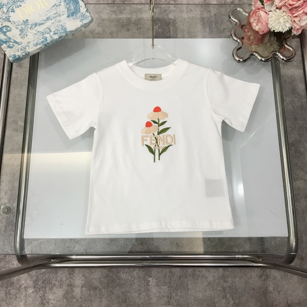 펜디 아동용 플라워 자수 로고 반팔 티셔츠