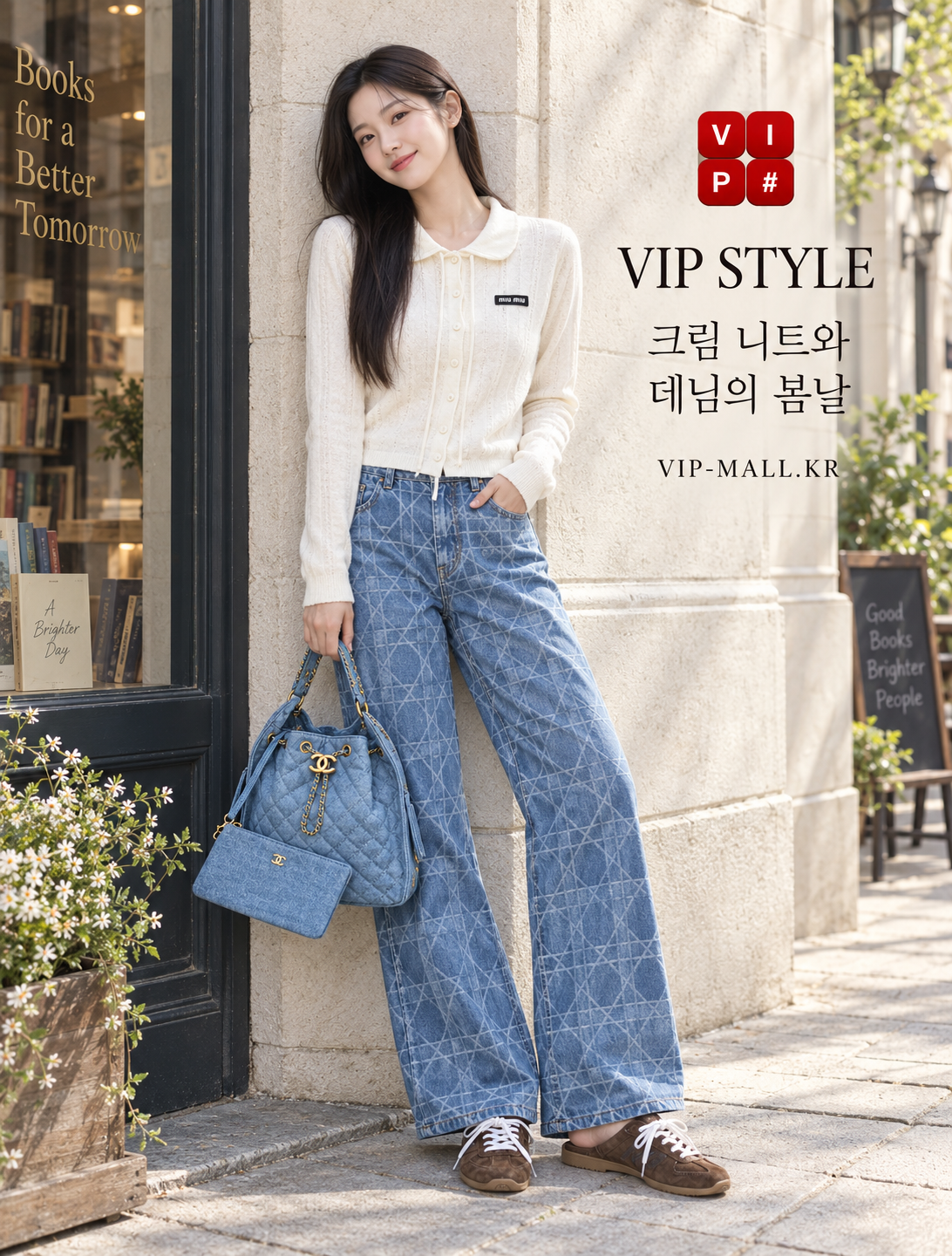 크림 니트와 데님의 봄날